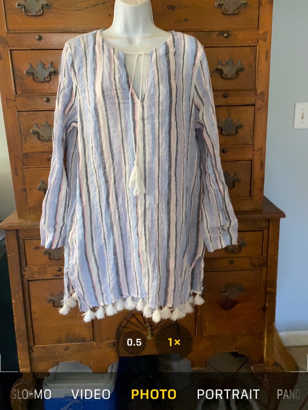 Swimwear Coverup Striped Tassel-Trim Light Blue and White Size L